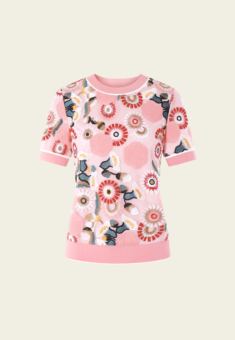 Spring Floral Embroidery Pink Blouse for Women - Elegant Casual Shirt for Office, Dating & Spring Outfits