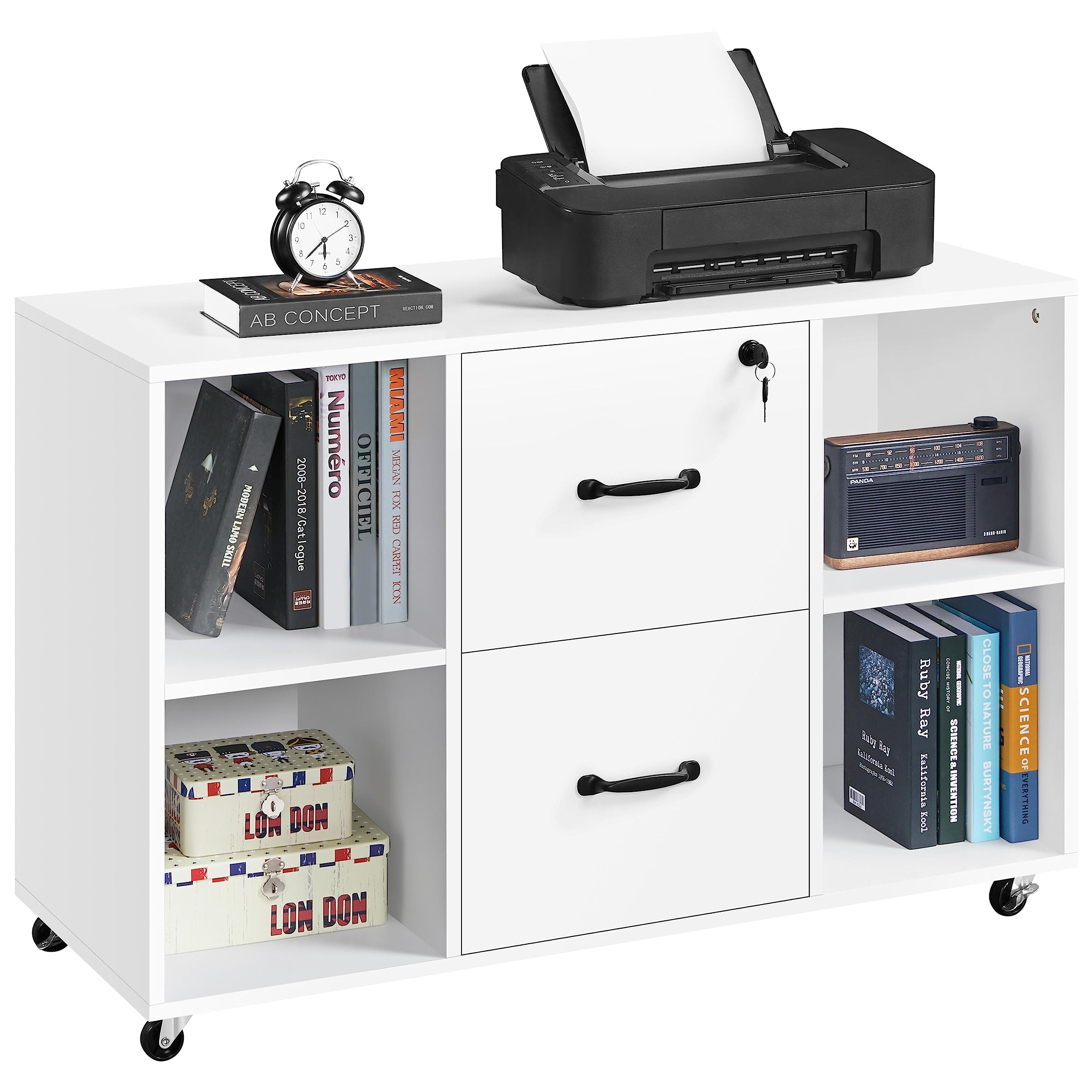 Yaheetech White 2-Drawer Mobile File Cabinet with 4 Open Shelves - Letter Size Lateral Filing Cabinet & Printer Stand for Home Office Organization - Perfect for Document Storage, Office Supplies & Workspace Organization