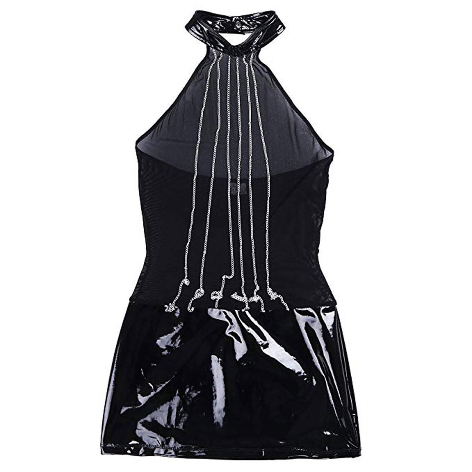 Sexy Patent Leather Nightdress for Women - Chain Halter Neck, Backless Mesh See-Through Babydoll Lingerie | Perfect for Valentine's Day, Anniversary Gifts & Romantic Nights