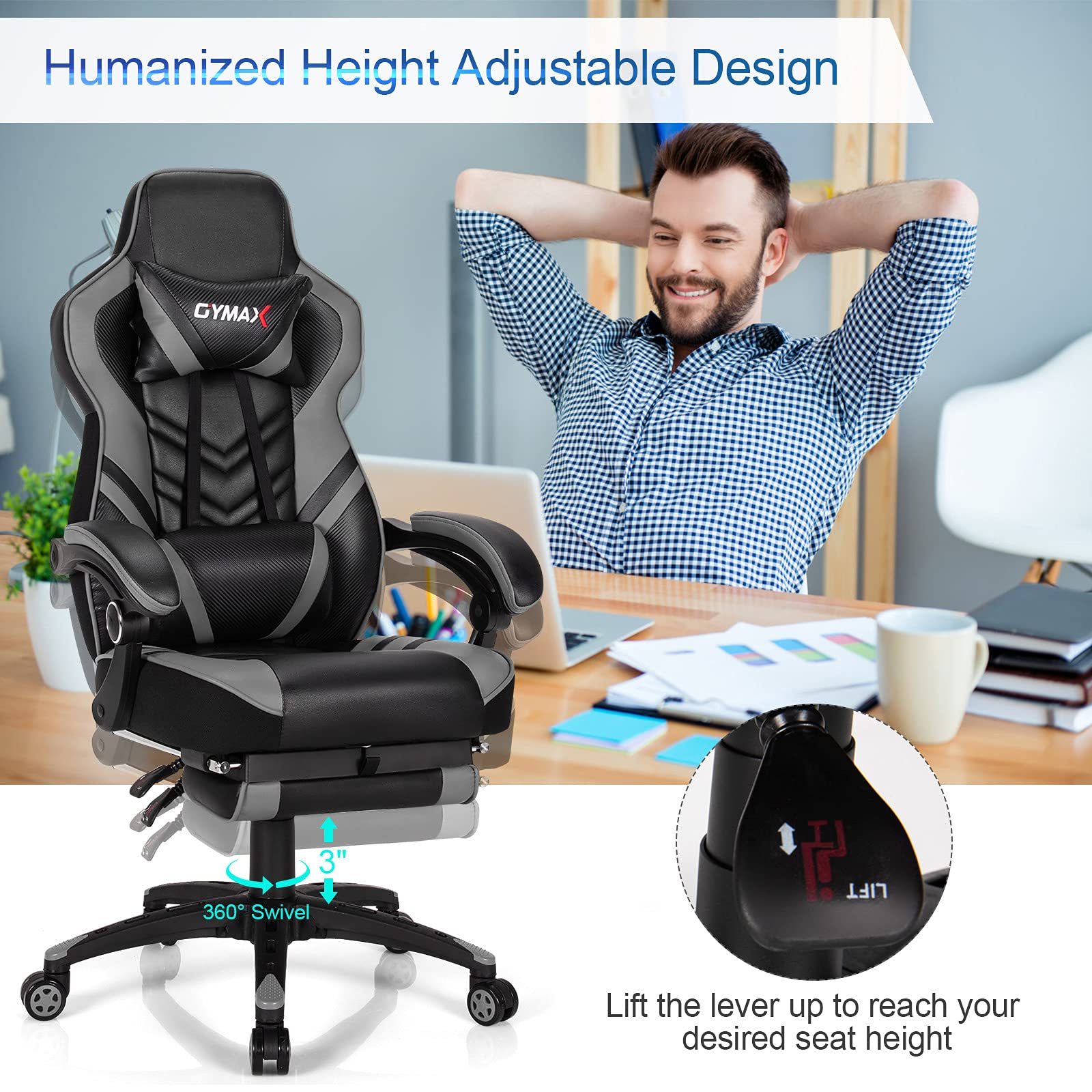 Ergonomic Gray Gaming Chair for Adults & Teens - High Back Reclining Computer Chair with Lumbar Support, Retractable Footrest & Headrest - Racing Style Desk Chair for PC Gamers & Office Work - Perfect for Gaming Setup, Home Office & Esports Tournaments