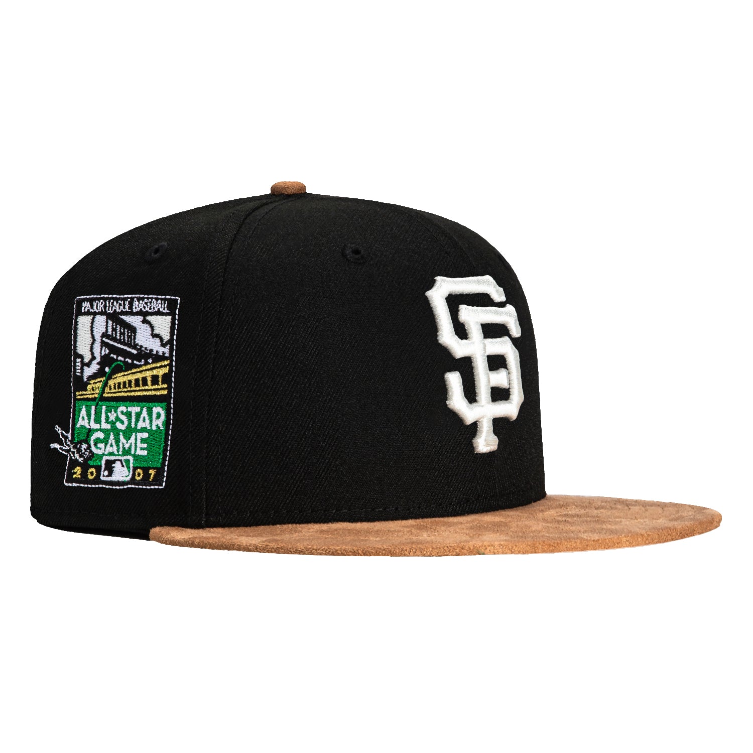 New Era 59Fifty Suede Visor San Francisco Giants 2007 All Star Game Patch Snapback Hat - Black & Tan | MLB Baseball Cap for Men & Women | Game Day, Streetwear Fashion & Sports Fan Collection