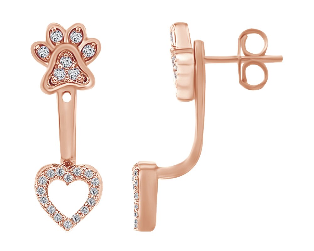14K White Gold Over Sterling Silver Paw Print Heart Drop Earrings - Perfect for Pet Lovers, Valentine's Day Gifts & Everyday Wear