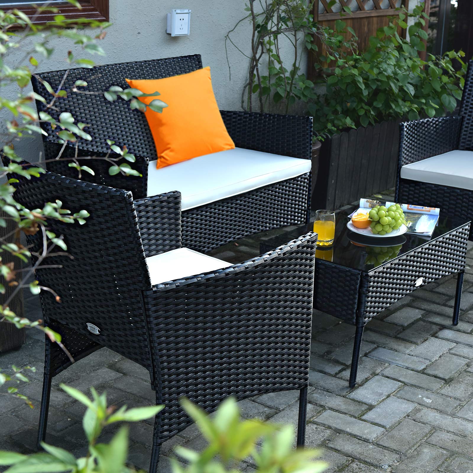 Tangkula 4-Piece Outdoor Patio Furniture Set - Wicker Rattan Loveseat & Chairs with Cushions & Tempered Glass Coffee Table - Beige Conversation Set for Backyard, Garden, Poolside, Deck or Patio - Perfect for Relaxing, Entertaining & Outdoor Dining