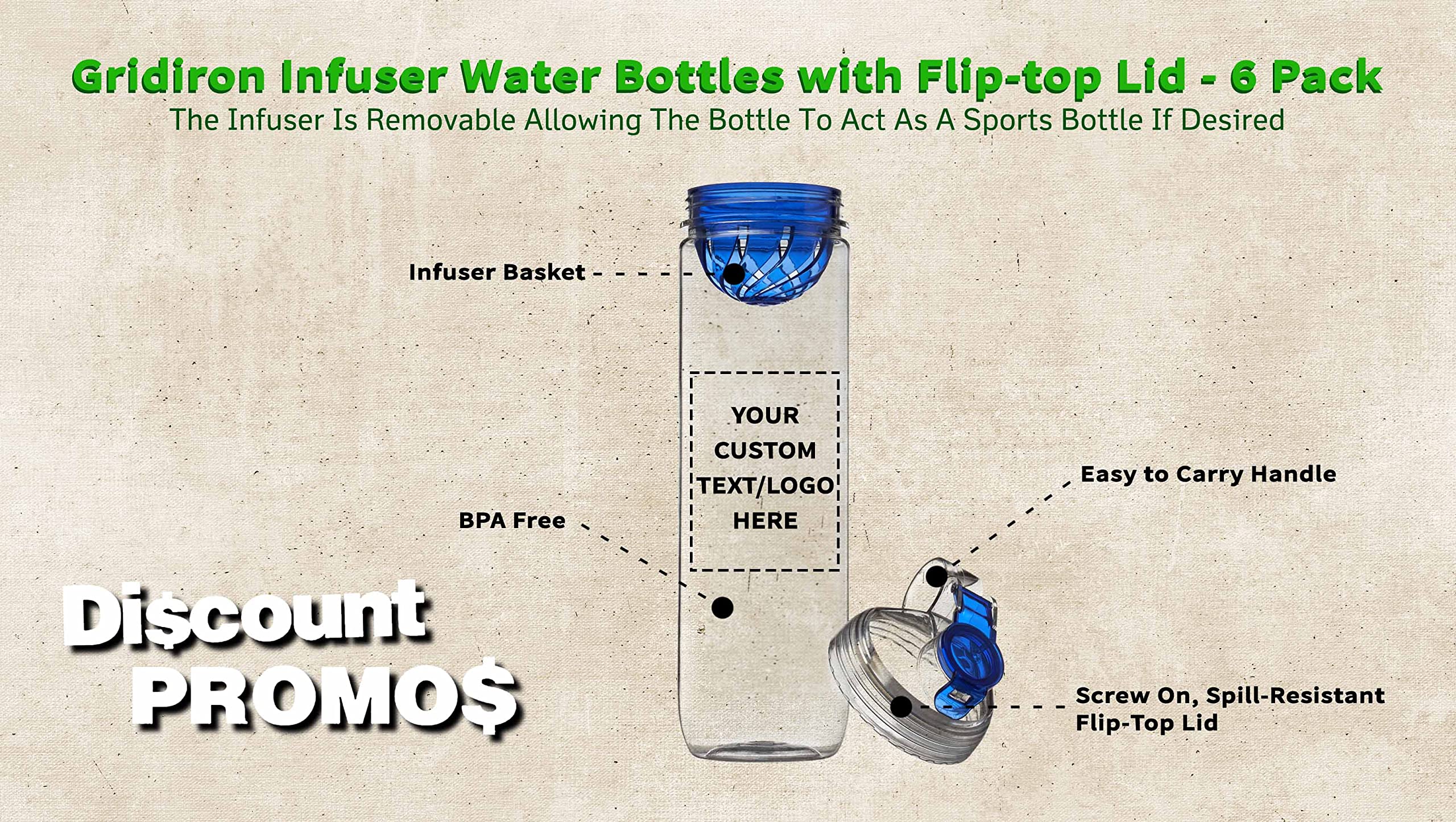 6-Pack Gridiron Infuser Water Bottles 27oz - Custom Text & Logo, Screw-On Flip-Top Lid, Leak-Proof, BPA-Free - Blue - Perfect for Gym, Office & Outdoor Activities