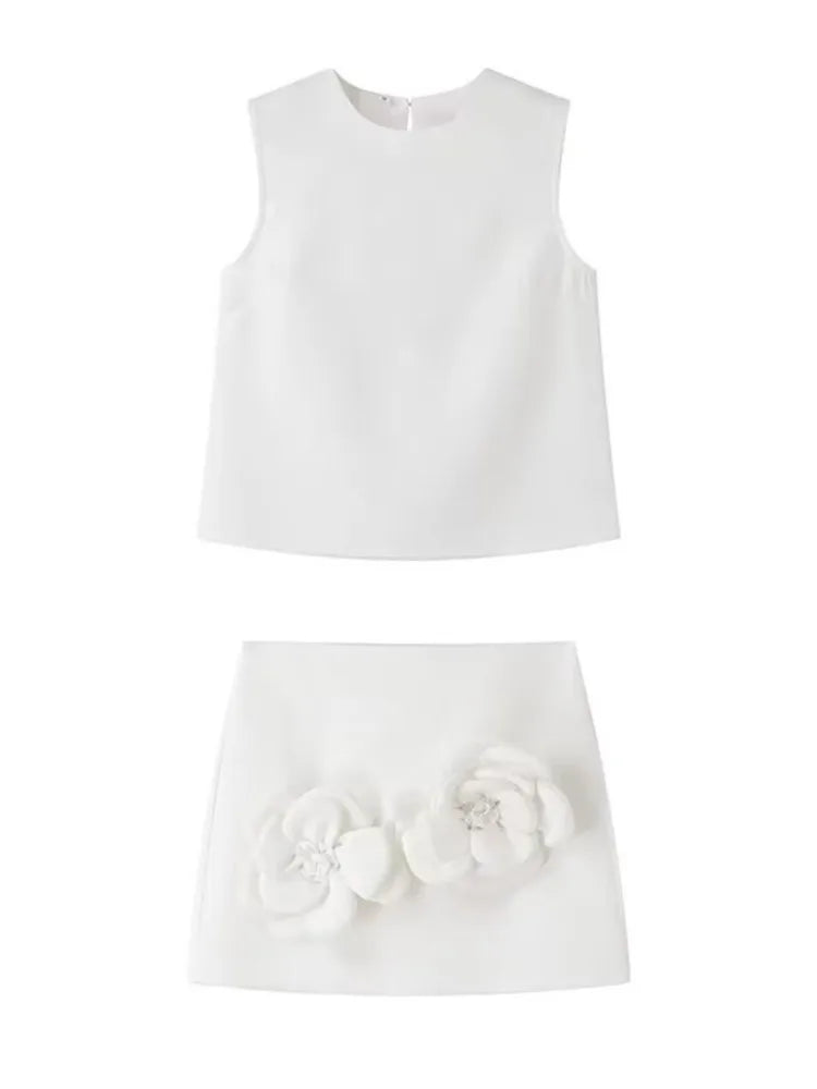 Y2K Mini Skirt Set for Women - Floral Applique Sleeveless Crop Top & Extreme Short Skirt Summer Outfit (White) | Perfect for Music Festivals, Beach Vacations & Streetwear Fashion