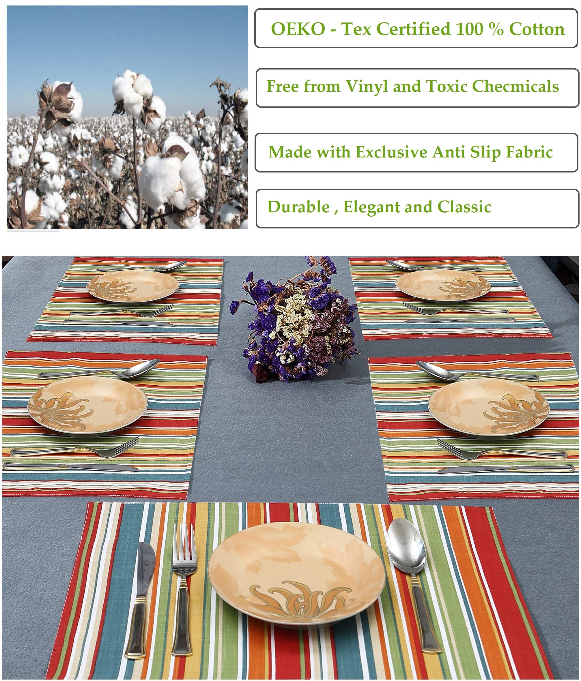 Premium Ruvanti 100% Cotton Placemats Set of 6 - 13x19 Inch Washable Dining Table Mats for Everyday Use, Holiday Dinners & Kitchen Decor | Multi-Stripe Design for Christmas, Thanksgiving & Family Gatherings