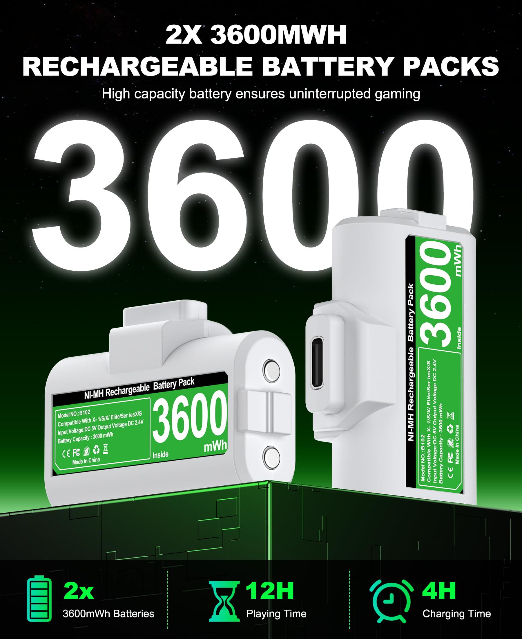 EXTREMECOOL Rechargeable Xbox Controller Battery Pack - Compatible with Xbox Series X|S, Xbox One S|X & Elite Controllers | Includes 2x 3600mWh X-1 Batteries, 4x Battery Covers & Charging Cable (White) | Perfect for Gaming Sessions & Wireless Play