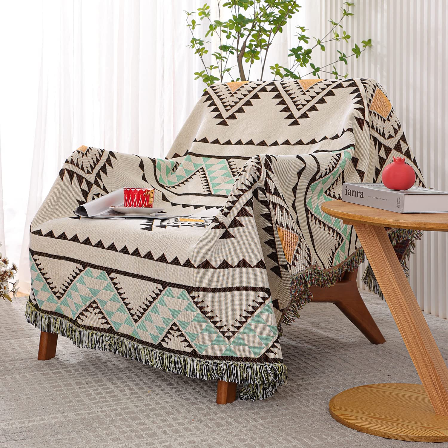 Southwest Aztec Native American Reversible Woven Blanket with Tassels - Boho Western Decor for Couch, Bed, Outdoor Camping & Travel - Perfect for Home, Picnics and Festivals