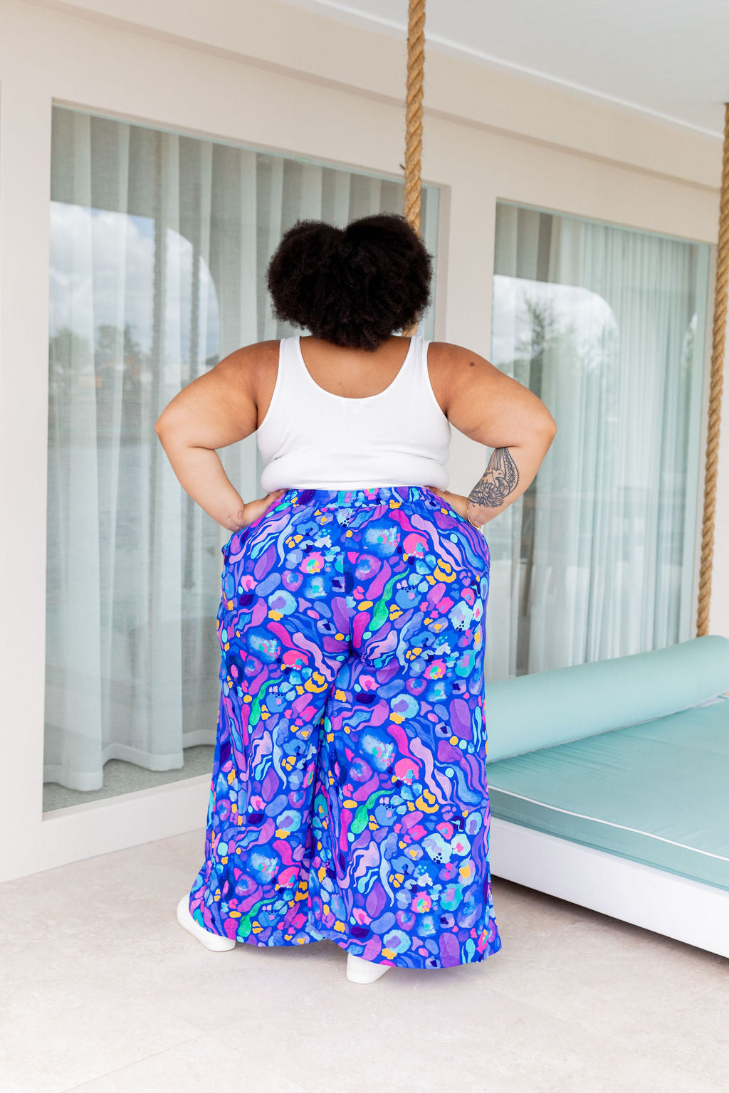 Kasey Rainbow Larsa Pants - Women's High Waisted Flowy Beach Pants in Reef Blue | Perfect for Summer Vacations, Beach Outings & Boho Fashion