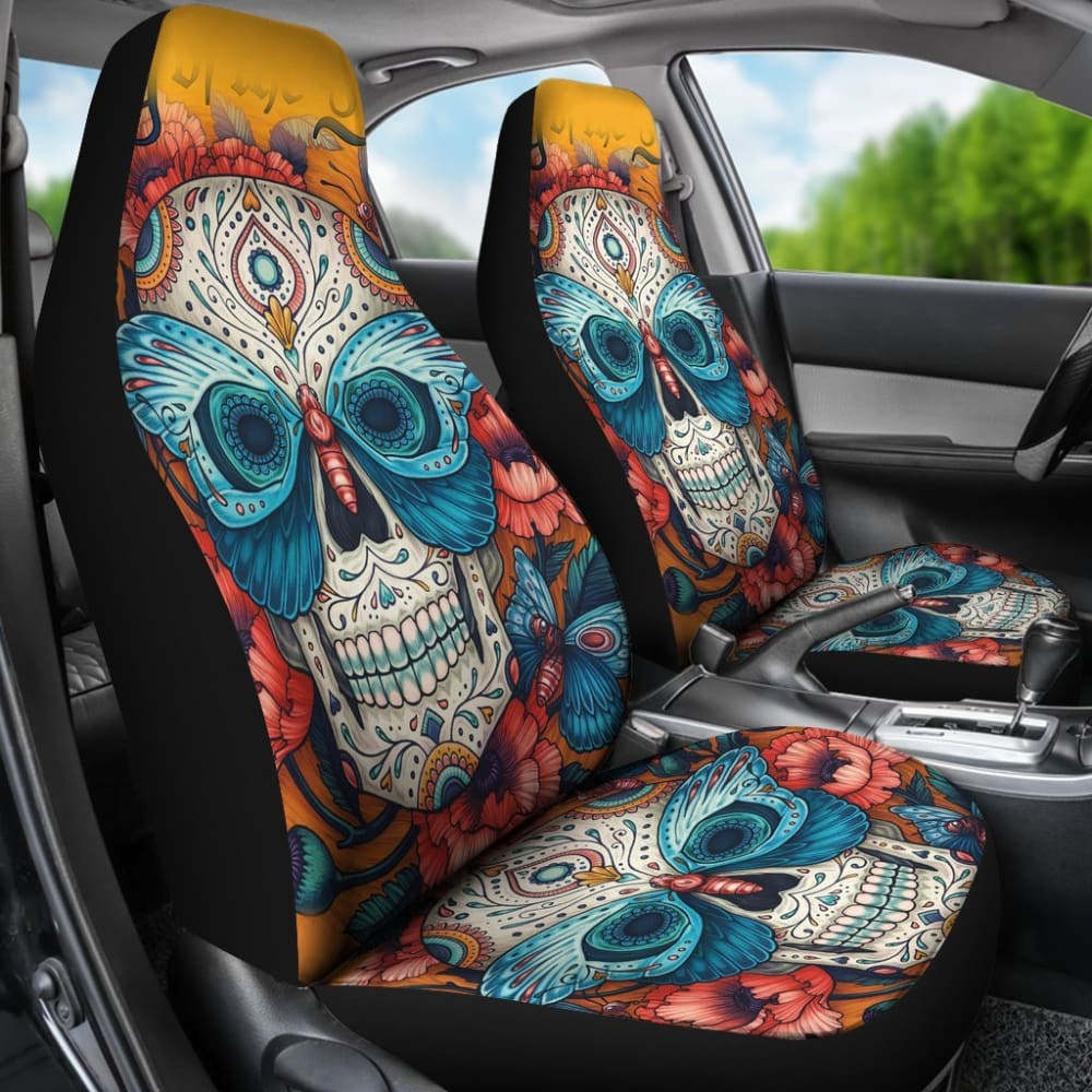 2 Pcs Sugar Skull Car Seat Covers - Halloween Dia de Los Muertos Decor - Universal Fit for Cars, Trucks & SUVs - Perfect for Halloween Parties, Day of the Dead Celebrations & Car Decorations