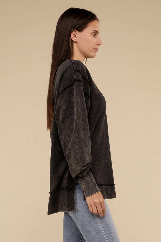 Acid Wash French Terry Exposed Seam Sweatshirt | Vintage Distressed Pullover | Casual Streetwear for Men & Women | Perfect for Fall Layering and Urban Fashion