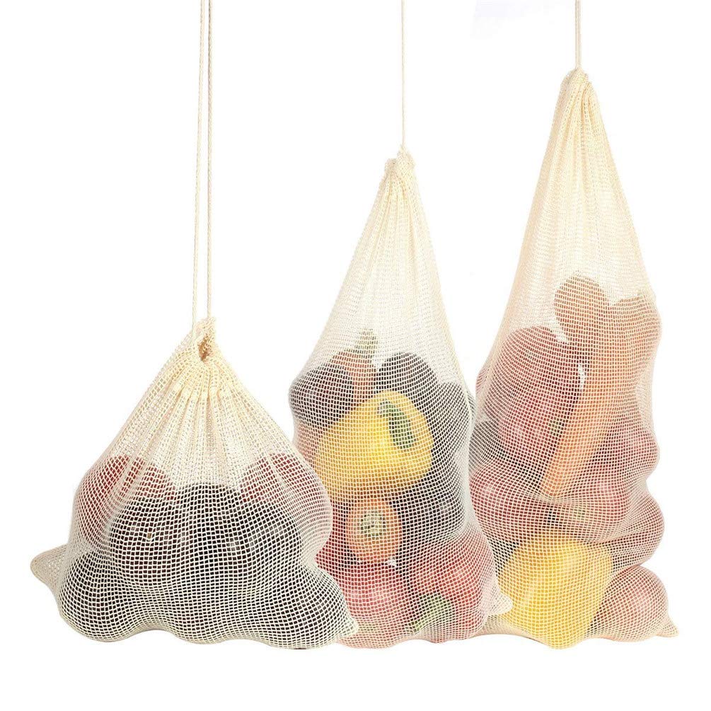 Eco-Friendly Reusable Shopping Bags Set - 4 Pack (1 Cotton Canvas Bag + 3 Mesh Bags) - 100% Organic Cotton, Washable & Durable for Groceries, Beach & Farmers Market