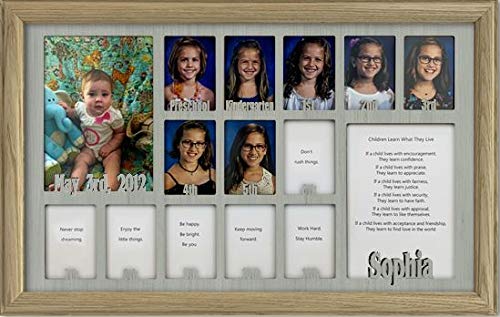 Personalized Northland School-Years Picture Frame - Holds Twelve 2.5x3.5 School Photos & Two 5x7 Graduation/Birthday Pictures - Unfinished Frame with Light Gray Insert - Custom Name Engraving - 12x20 Wall Display - Perfect for School Memories, Graduation Gifts & Family Photo Displays