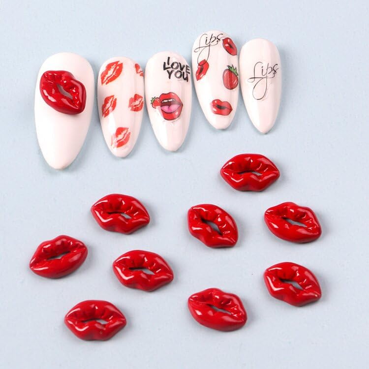 10Pcs Valentine’s Day 3D Alloy Nail Charms with Rhinestones - Red Lip Print Nail Art Decorations for Acrylic Nails, DIY Manicure Supplies - Perfect for Valentine's Gifts, Party Nail Art & Salon Decor