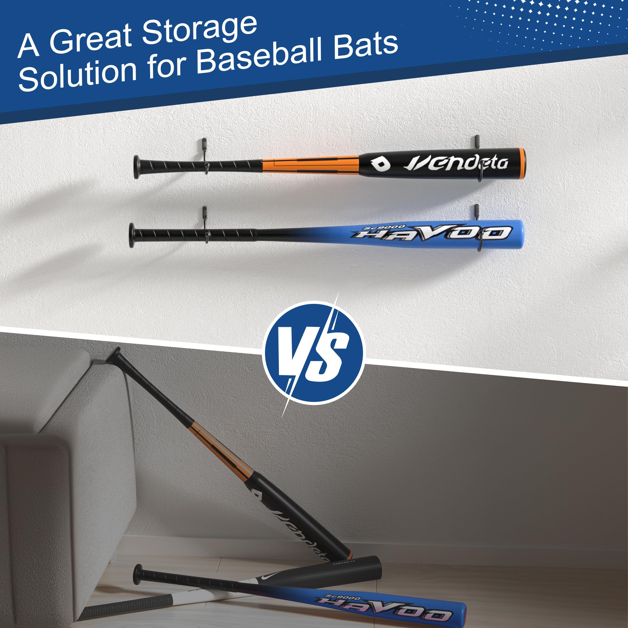 Black Iron Baseball Bat Holder Wall Mount - Heavy Duty Softball Bat Display Rack & Storage Case with Hanging Hooks | Perfect for Living Room, Bedroom, Entryway, Garage Organization & Sports Decor