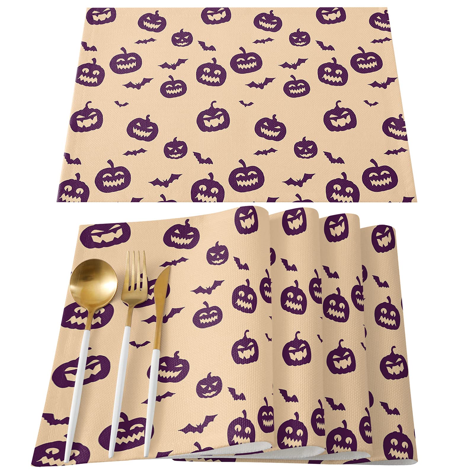 Halloween Pumpkin Bat Washable Placemats Set of 6 - 13