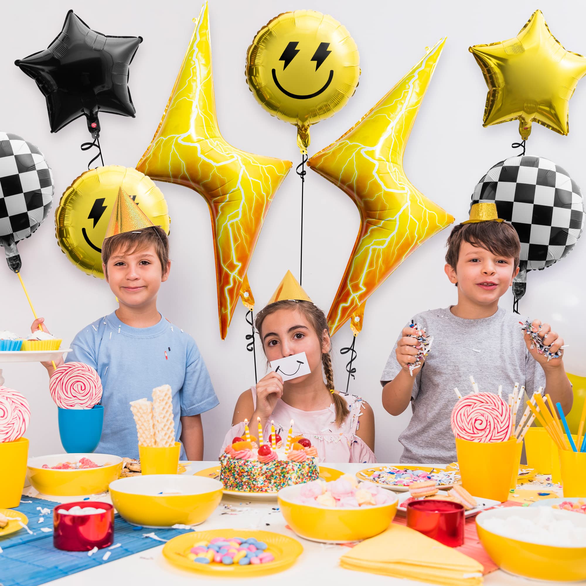 8PCS 18 Inch Smile Face Checkered Helium Balloons - Yellow Happy Birthday Party Decorations, Wedding & Baby Shower Supplies - Perfect for Indoor/Outdoor Events, Photo Backdrops & Celebration Decor