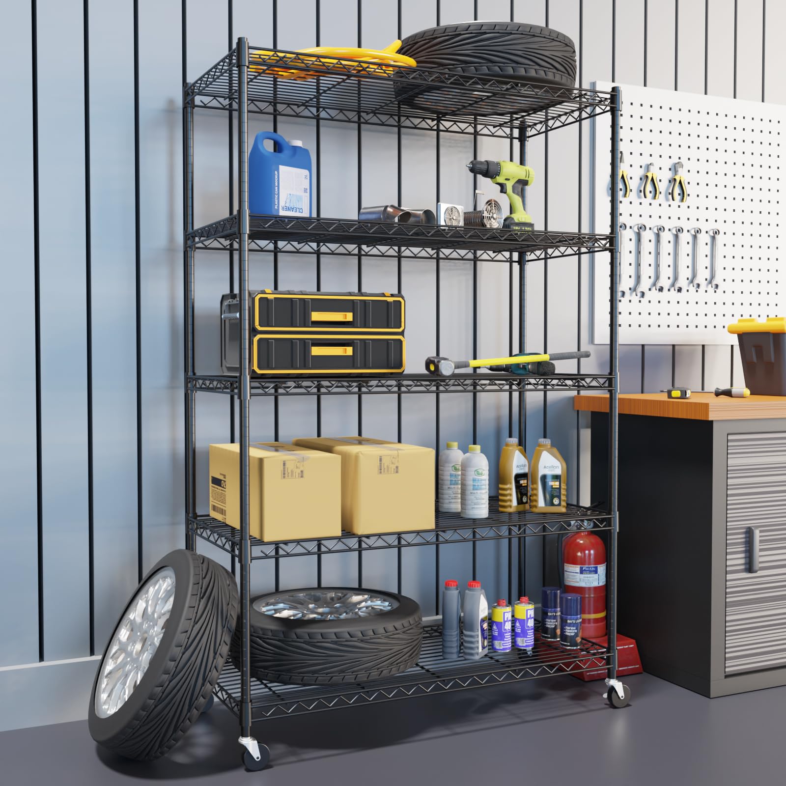 5-Tier Adjustable Heavy Duty Steel Wire Storage Shelving Unit with Wheels & Adjustable Feet - 350 lbs Capacity per Shelf for Pantry, Garage, Kitchen, Office & Warehouse Organization