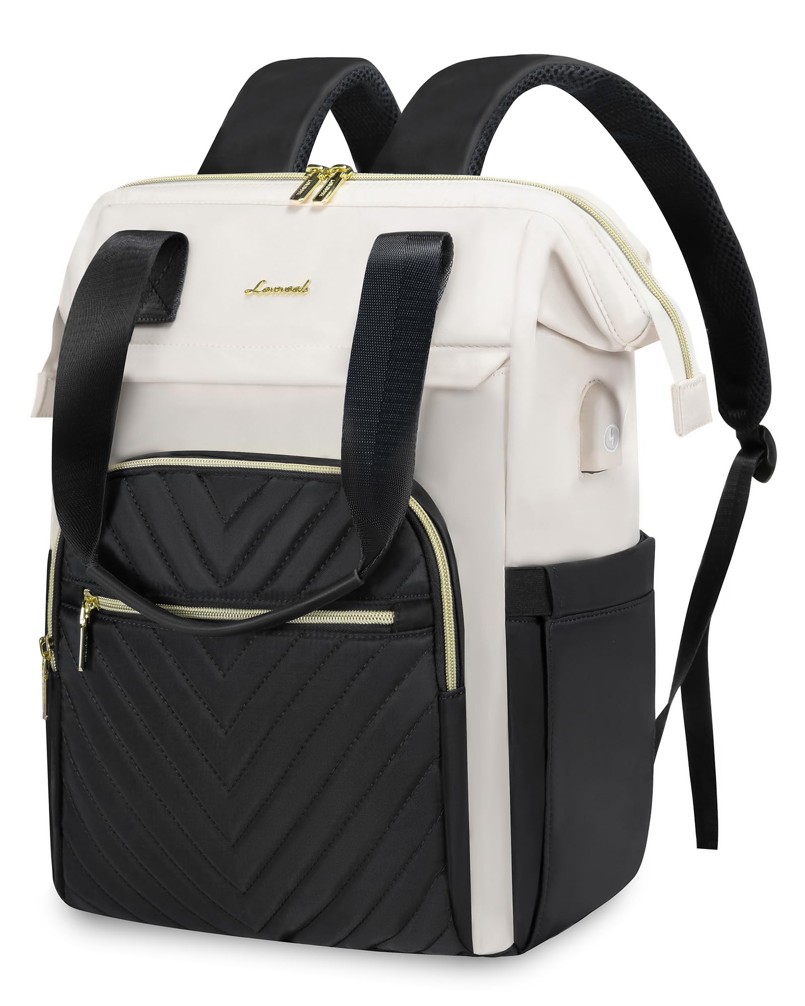 LOVEVOOK 15.6 Inch Waterproof Laptop Backpack for Women with USB Port, Stylish Work & Travel Bag for Teacher, Nurse, Business Professionals, Black-Cream White, Perfect for Office, School & Commuting