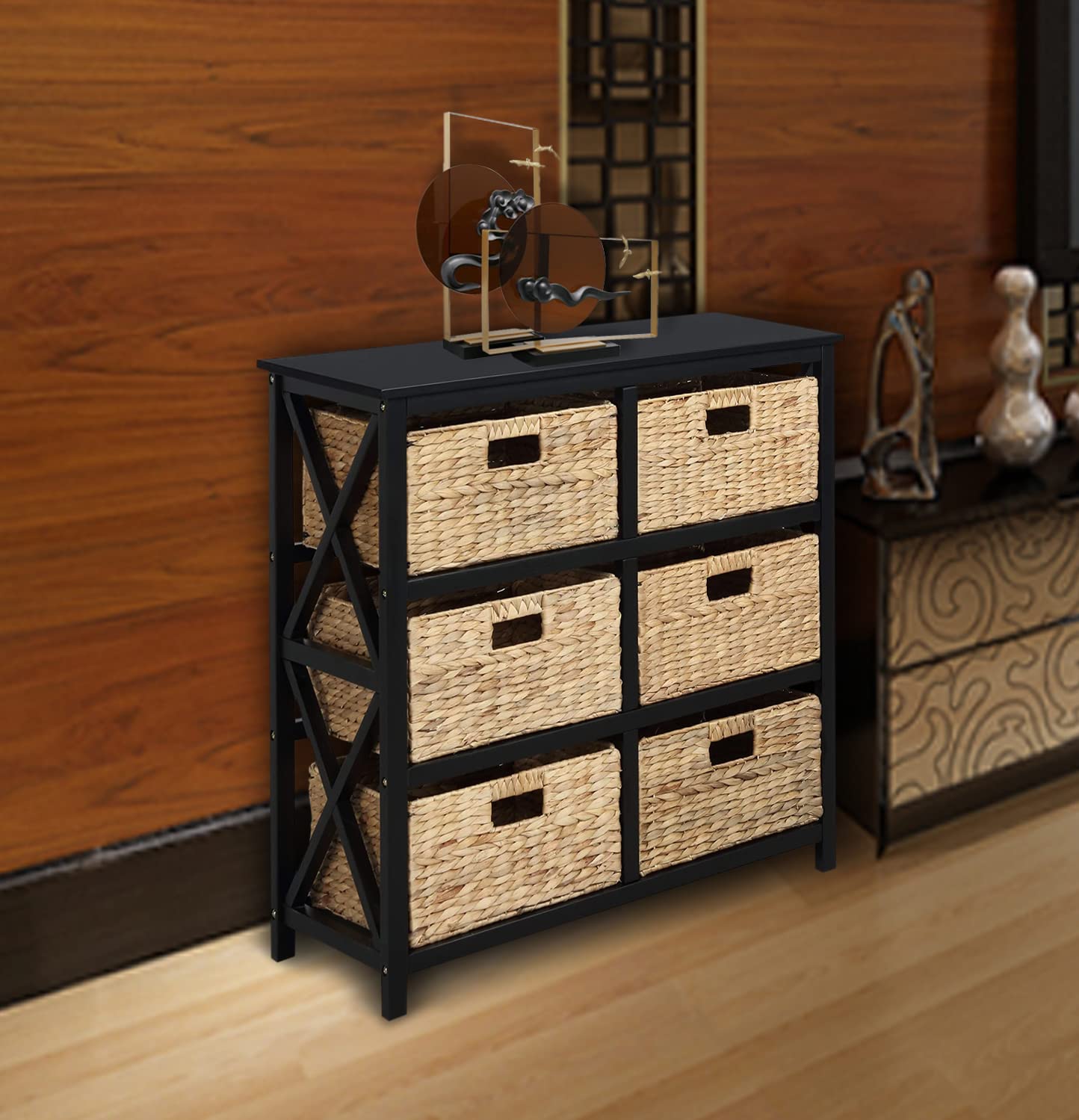 eHemco 3-Tier X-Side End Storage Cabinet with 6 Wicker Baskets - Black | Space-Saving Organizer for Bedroom, Bathroom, or Living Room | Sturdy Metal Frame & Stylish Storage Solution