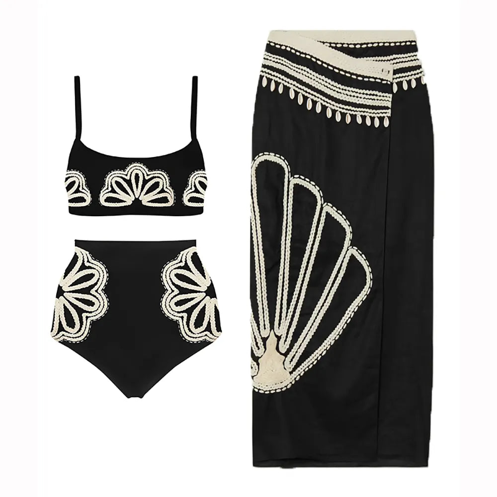 Women's Black Printed High Waist Bikini Set with Skirt - Sexy Two Piece Swimsuit for Beach, Pool & Summer Vacations