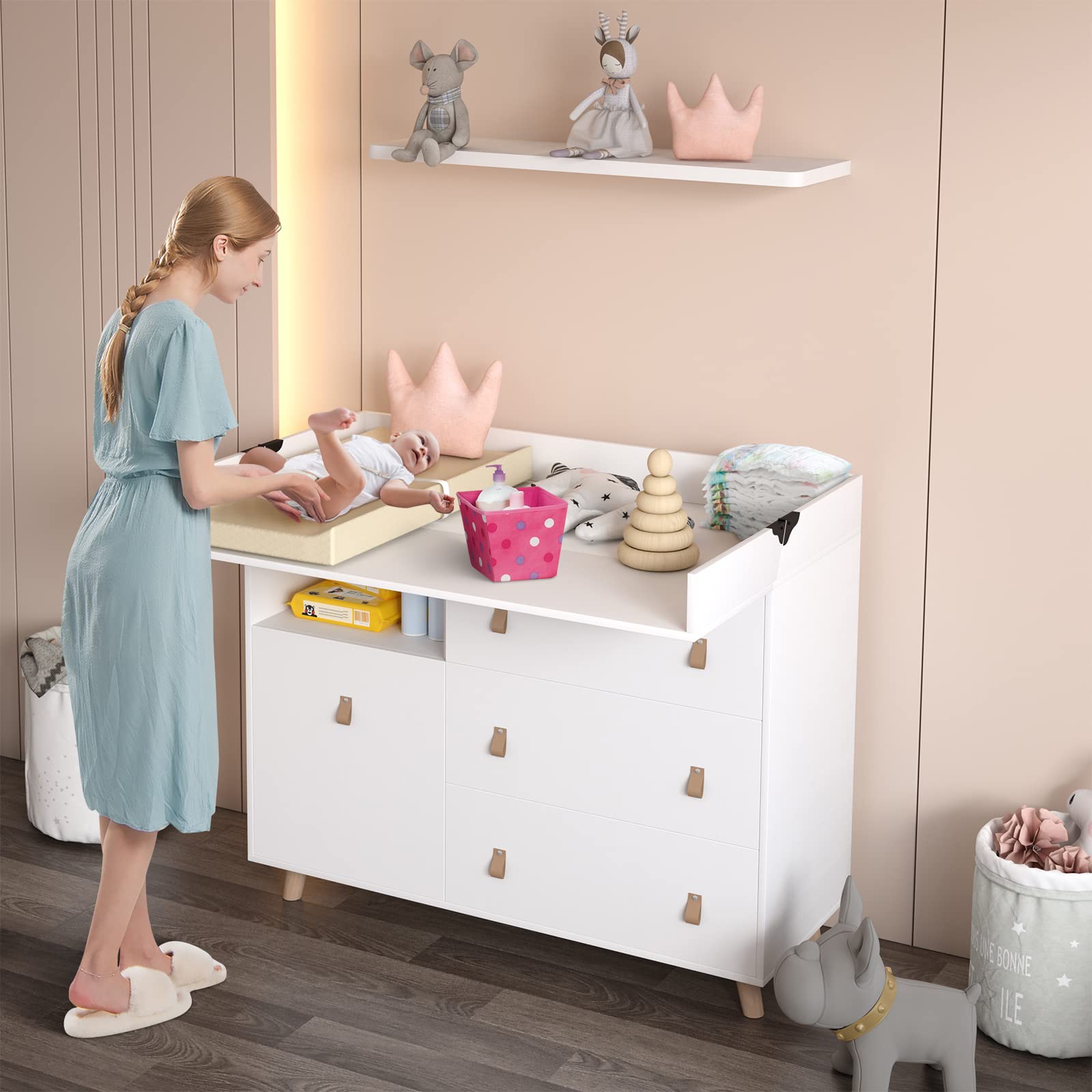 White Baby Changing Table with Drawers & Guardrail - Nursery Dresser Organizer, Foldable Diaper Station with Hidden Trash Storage - Perfect for Newborn Care & Nursery Organization