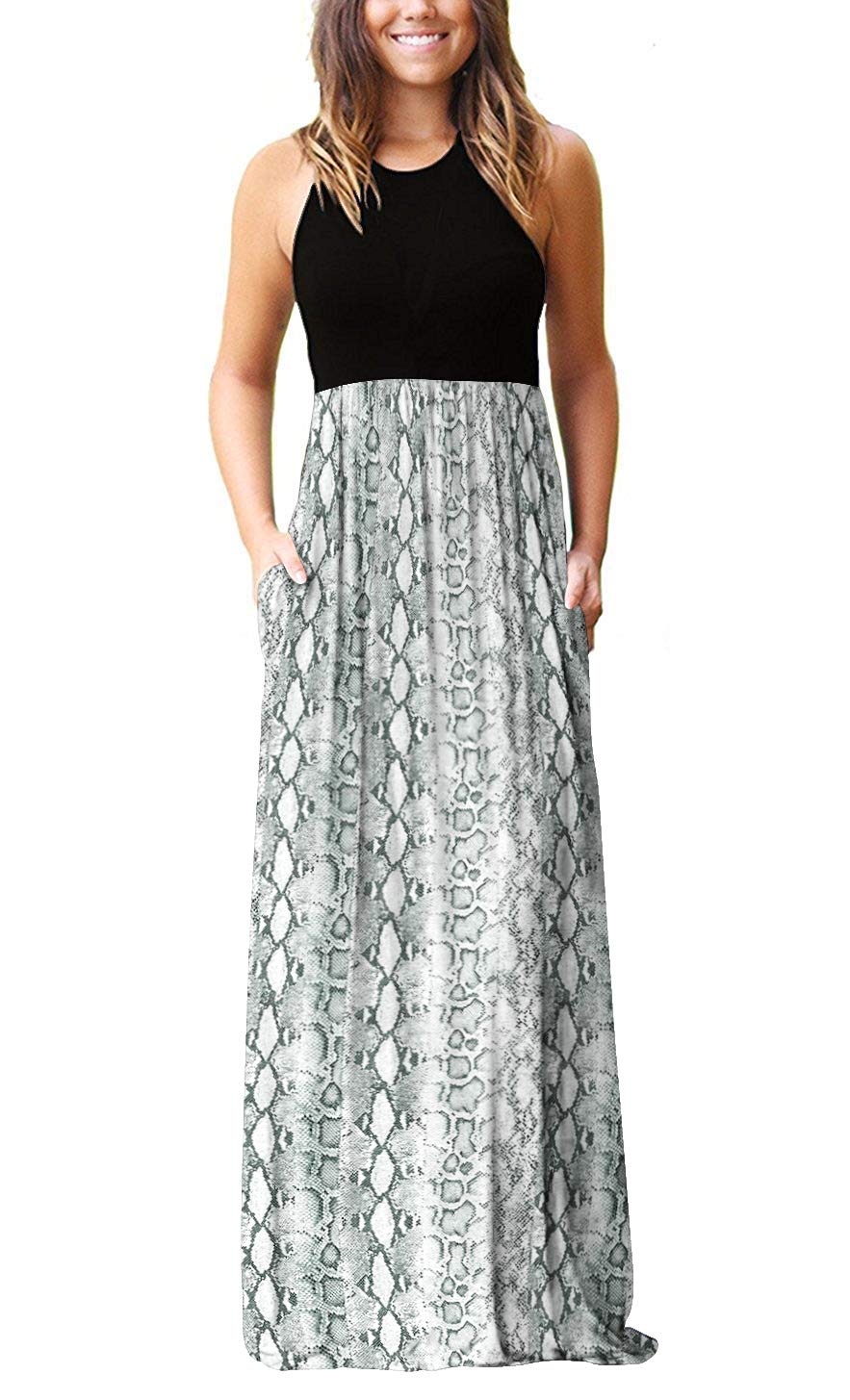 Women's Floral Summer Dress Casual Beach Tank with Pockets - Pleated Front Long Maxi Dress for Vacation, Outdoor Party & Date Night
