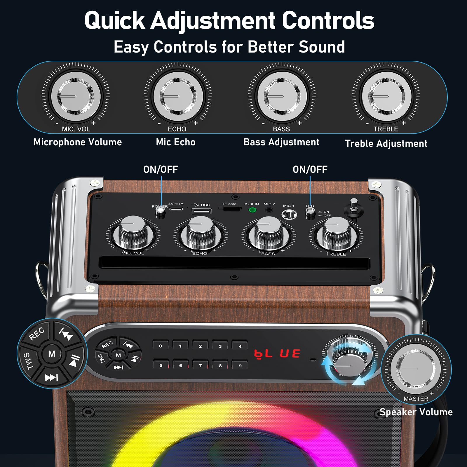Portable Bluetooth Karaoke Machine with 2 Wireless Microphones - Bass/Treble Adjustable PA Speaker System with LED Lights, Remote Control, USB/AUX/TF/FM/REC/TWS - Perfect for Home Parties, Outdoor Gatherings & KTV Entertainment