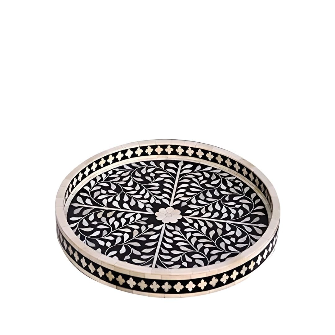 Handcrafted Antique Bone Inlay Round Serving Tray - Black Wooden Ottoman Style Home Decor | Perfect for Breakfast in Bed, Coffee Table Decor, and Gift Giving | Fairdeal Handicrafts