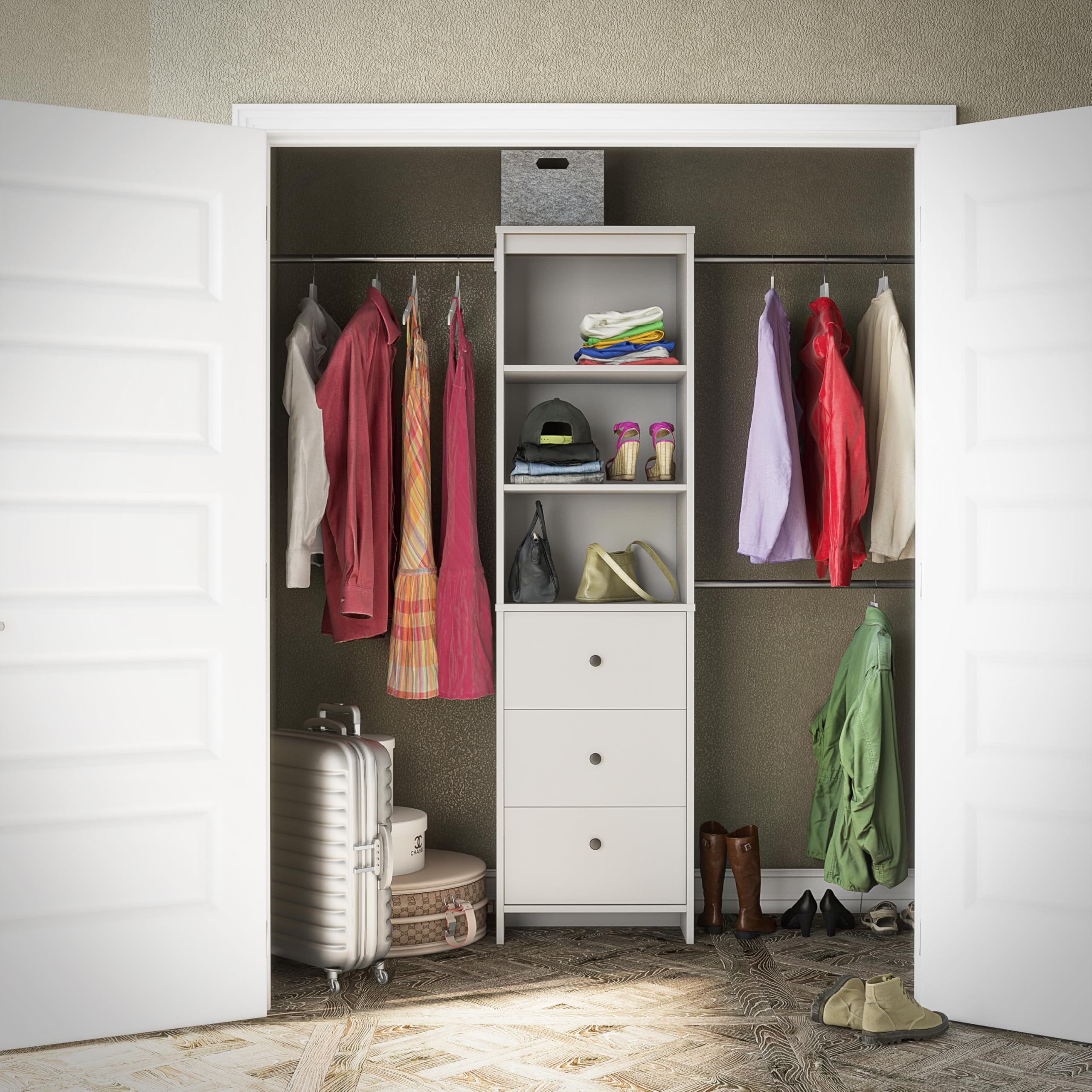 Systembuild Beckett White Closet Storage Organizer - Space-Saving Wardrobe & Closet Organization Solution for Bedrooms, Walk-In Closets & Small Spaces