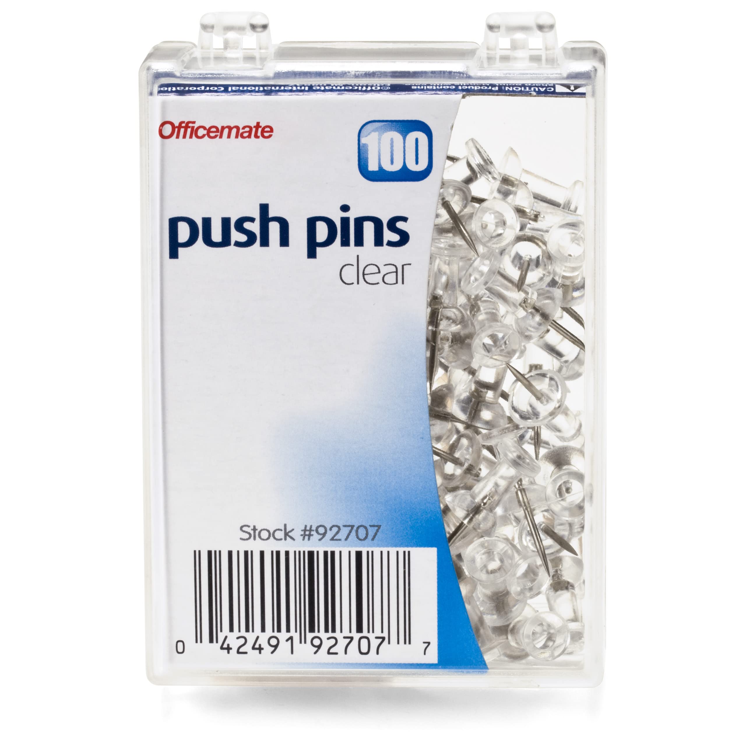 Officemate Clear Push Pins - 100 Count in Reusable Plastic Box (92707) - Perfect for Bulletin Boards, Office Organization & Home Decor