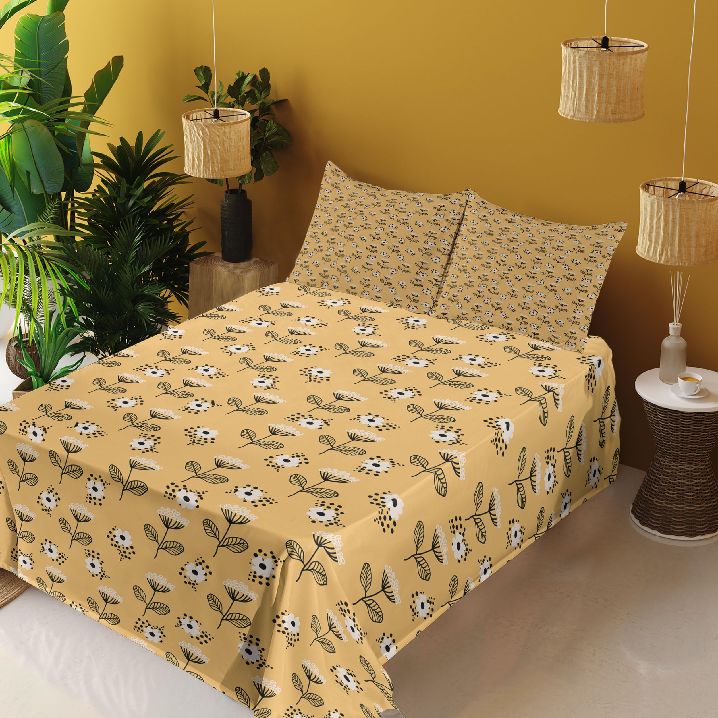 Ambesonne Floral Sheet Set - Hand-Drawn Doodle Flowers & Polka Dots, 4-Piece King Size Bedding Set with Fitted Sheet, Flat Sheet & Pillowcases in Pale Orange Umber - Perfect for Master Bedroom, Guest Room & Bohemian Home Decor