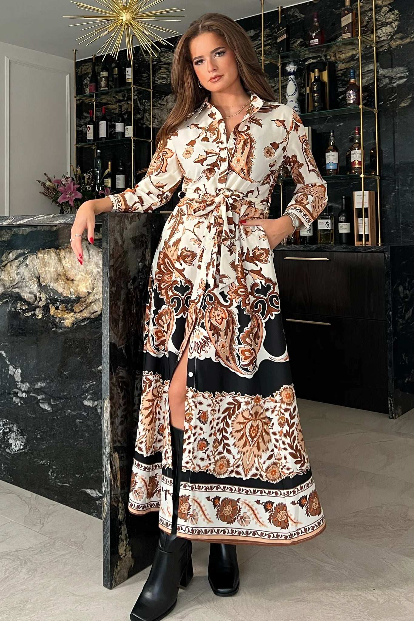 ANGELA BOARDER PRINT SHIRT MAXI DRESS in Brown | Flowy Long Sleeve Boho Dress for Women | Perfect for Beach Vacations, Date Nights & Summer Parties