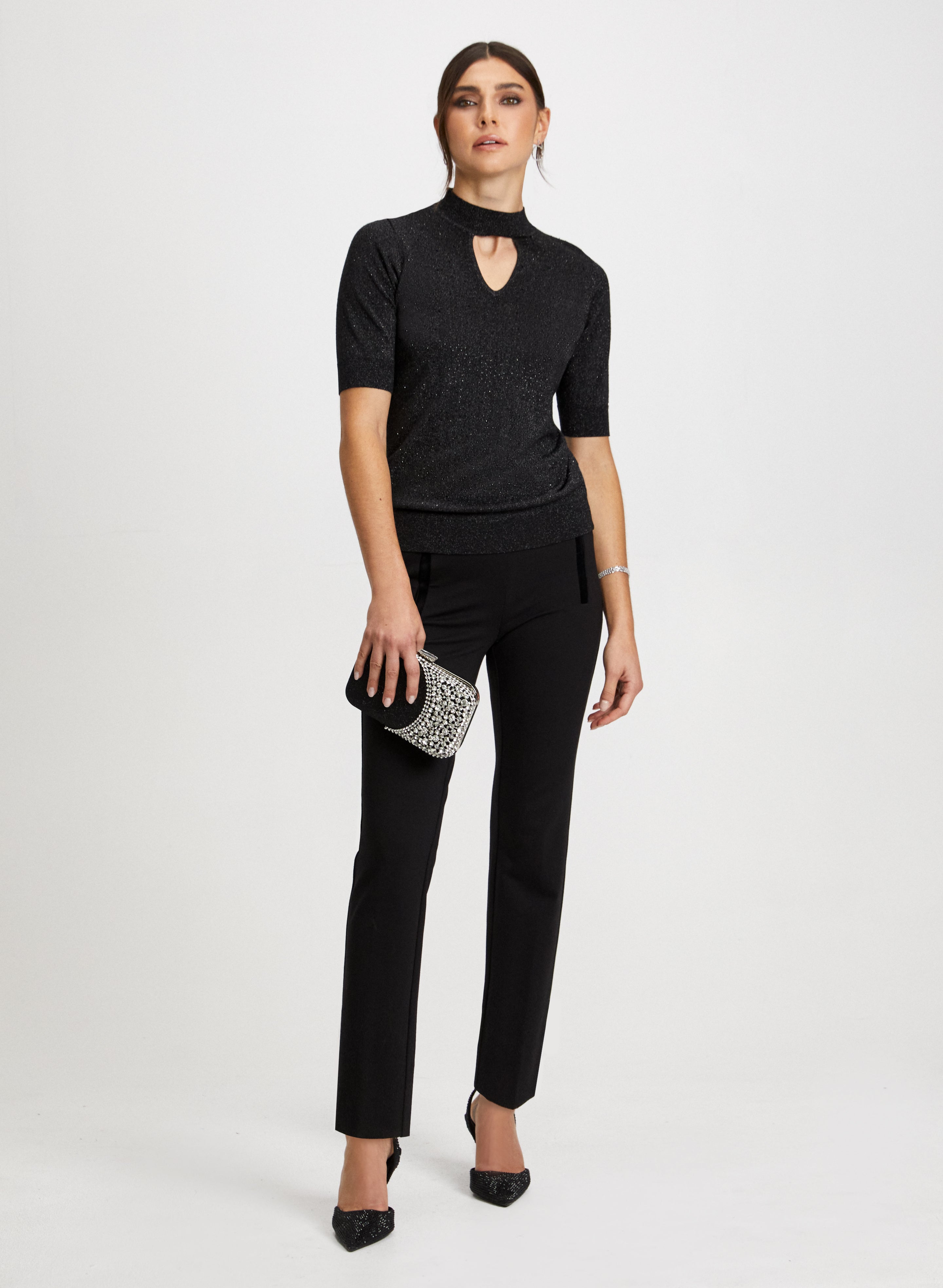 Embellished Sweater & Bow Detail Pants Set - Women's Fashion Knitwear & Elegant Trousers for Fall/Winter | Perfect for Office Wear, Date Night & Holiday Outfits