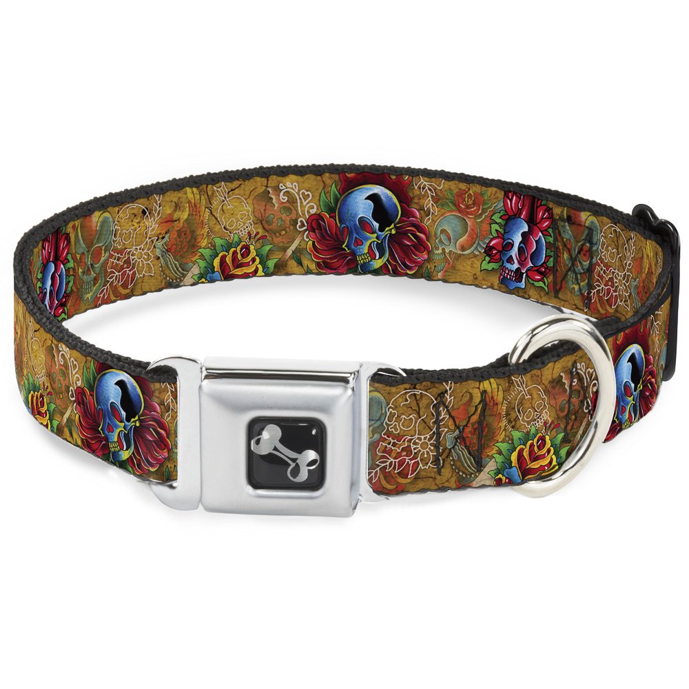 Dog Collar with Seatbelt Buckle - Tattoo Johnny Skull Design - Adjustable 11 to 17 Inches, 1.0 Inch Wide - Perfect for Pet Safety in Cars & Outdoor Adventures
