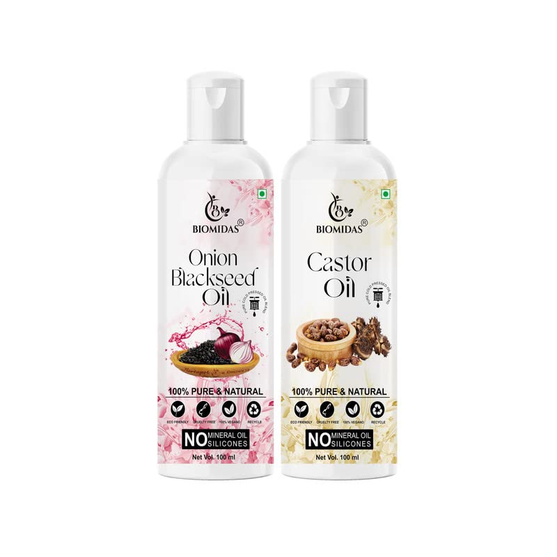Biomidas 100% Pure Onion Black Seed Oil & Castor Oil Combo (100ml Each) for Fast Hair Growth, Anti-Hair Loss, Split Ends Repair - Promotes Soft & Shiny Hair - Pack of 2 - Perfect for Daily Hair Care & Scalp Treatment