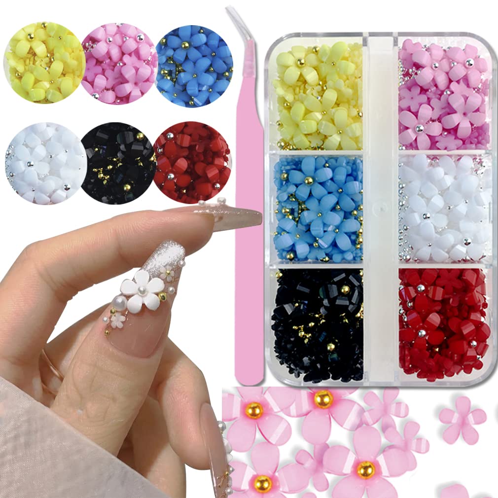 3D Nail Charms Flowers - 6 Colors Acrylic Nail Rhinestones with Gold Sliver Pearl for DIY Nail Art, Spring Nail Decorations (Blue Flower) | Perfect for Nail Salon, Home Manicure, Party & Wedding Nail Designs