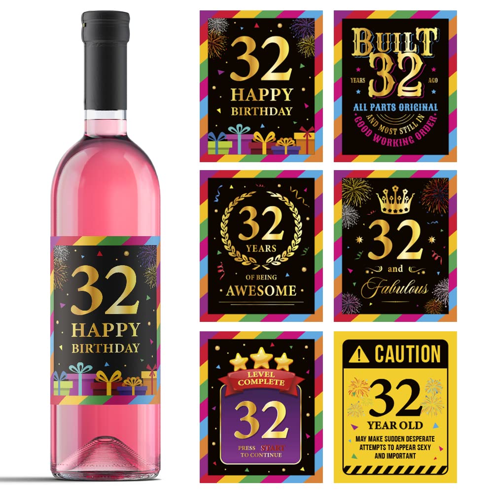 32nd Birthday Wine Labels - Set of 6 Personalized Wine Bottle Stickers for 32 Years Old Birthday Party Decorations | Unique Gift Idea for Anniversary & Celebration | Perfect for Wine Lovers, Party Favors & Special Occasions