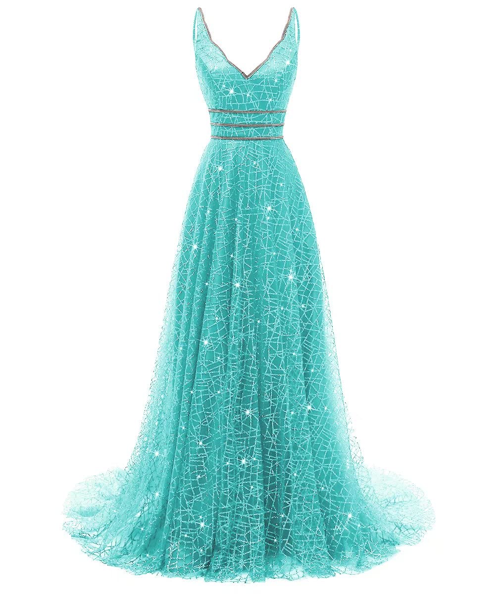 AiniDress Women's Elegant V-Neck Tulle Prom Dress with Crystal Embellishments - Perfect for Evening Formal Events, Ball Gowns, and Special Occasions