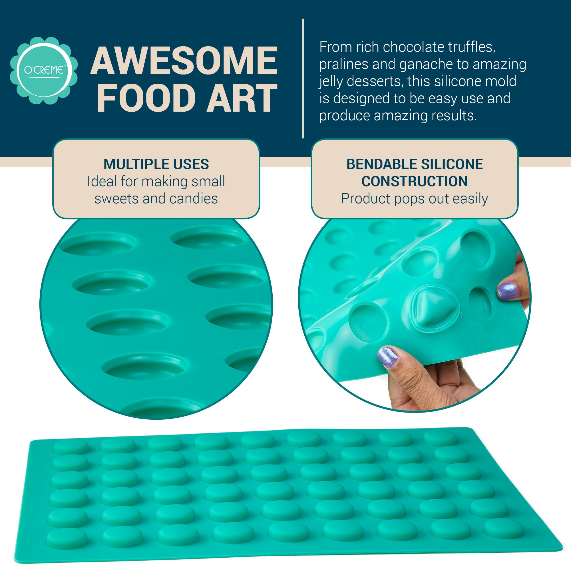 Premium O'Creme Round Gummy Candy Silicone Mold - Perfect for Chocolate Truffles, Ganache, Jelly, Candy, Pralines & Caramels - Ideal for Baking, Dessert Making & DIY Candy Crafts at Home