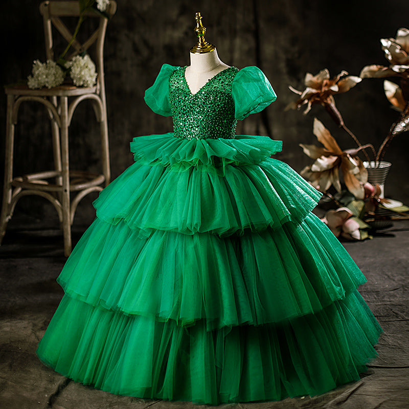 Green Princess Tulle Flower Girl Dress with Puff Sleeves - Elegant First Communion & Wedding Party Attire for Toddlers
