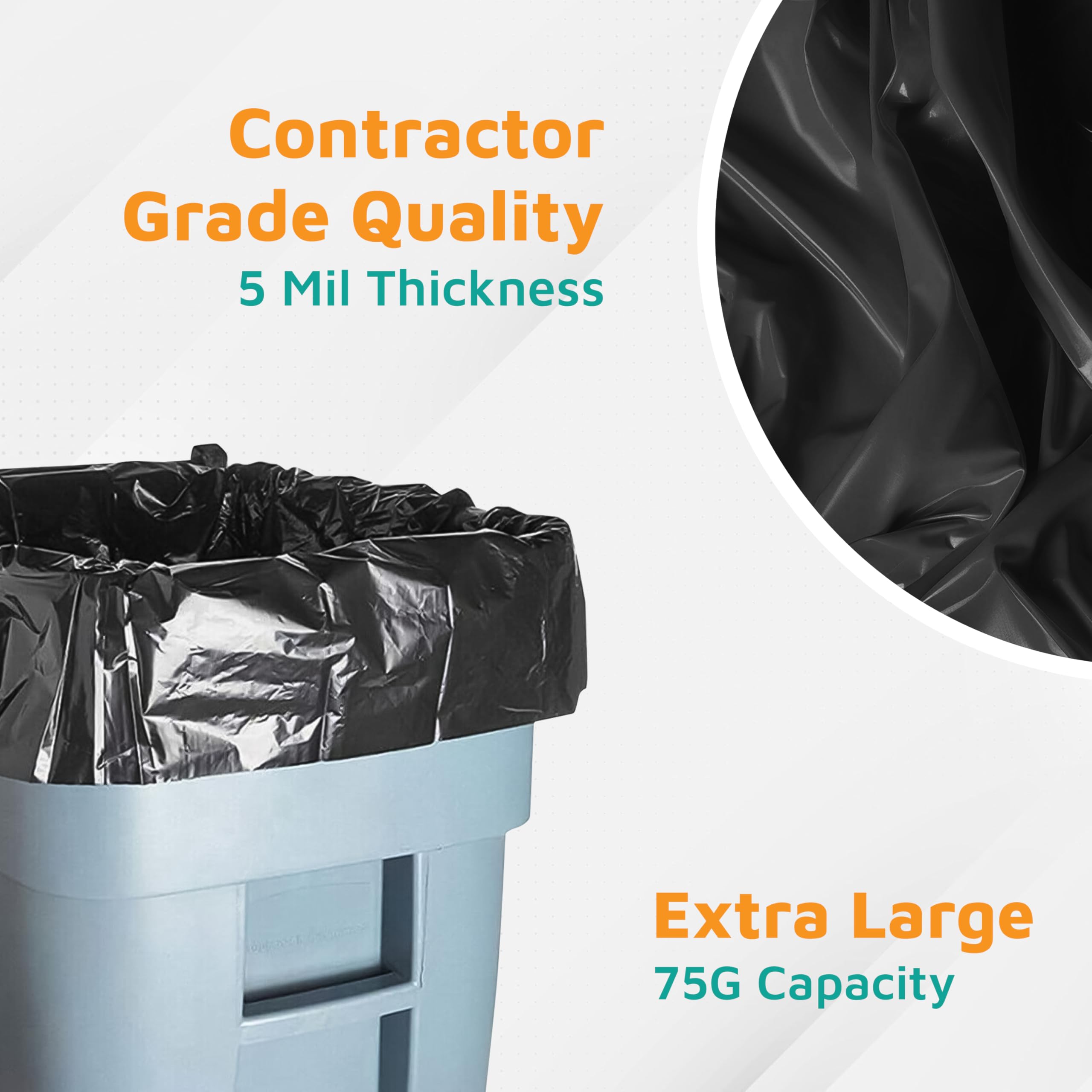 Heavy Duty 75-Gallon Contractor Trash Bags - 5 Mil Thick, 58