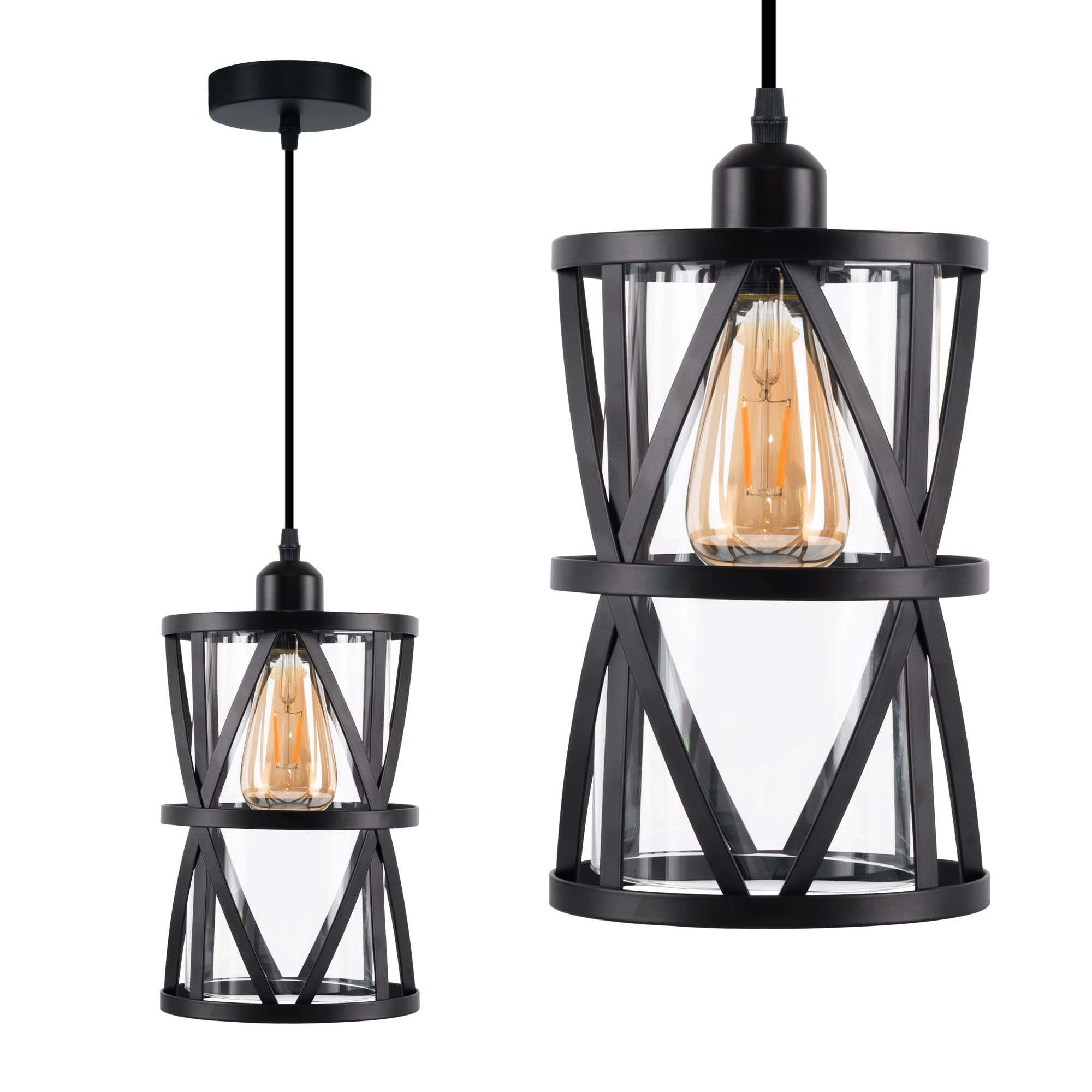 Modern Industrial Pendant Light - 1-Light Rustic Glass Shade Hanging Fixture with Black E26 Base for Kitchen Island, Dining Room, Cafe, Stairway & Foyer | Perfect for Farmhouse, Loft & Industrial Style Decor