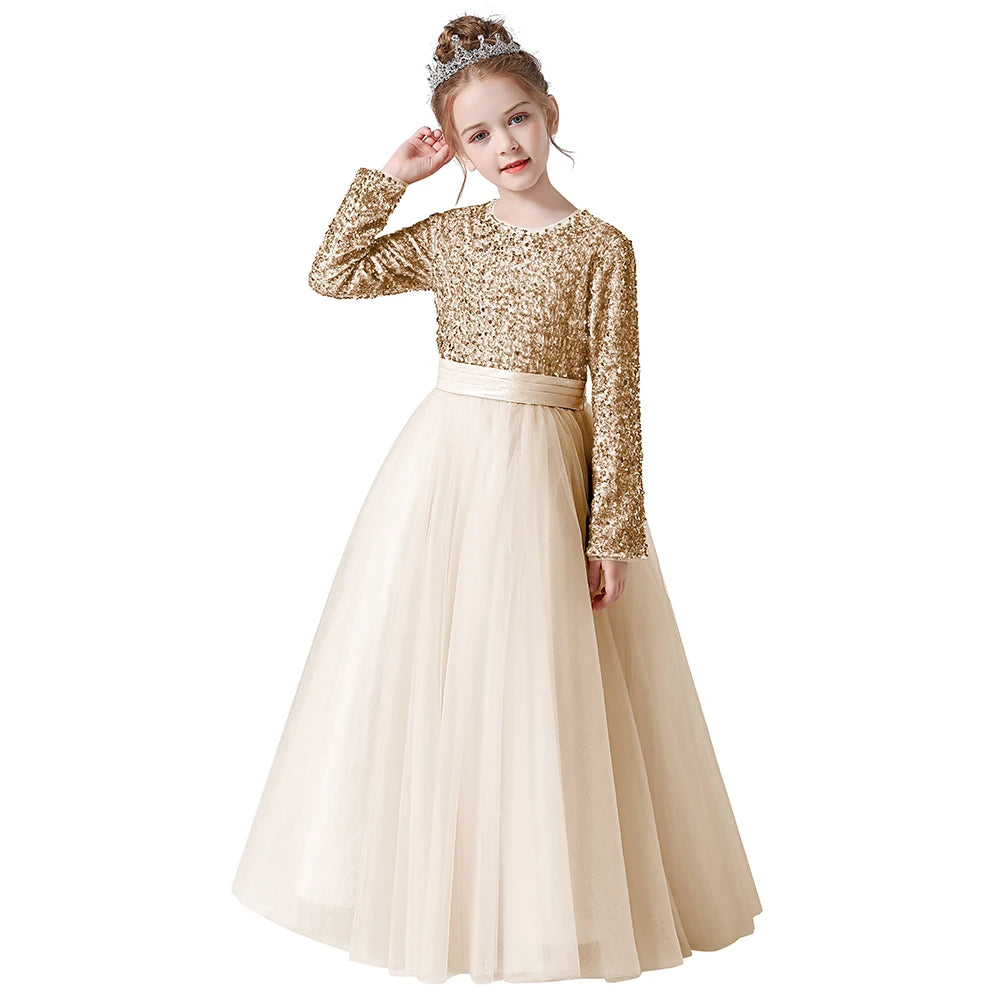 Sparkling Princess Gown for Pageant & Party - Long Sleeve Flower Girl Dress - Perfect for Weddings, Birthday Parties & Special Occasions