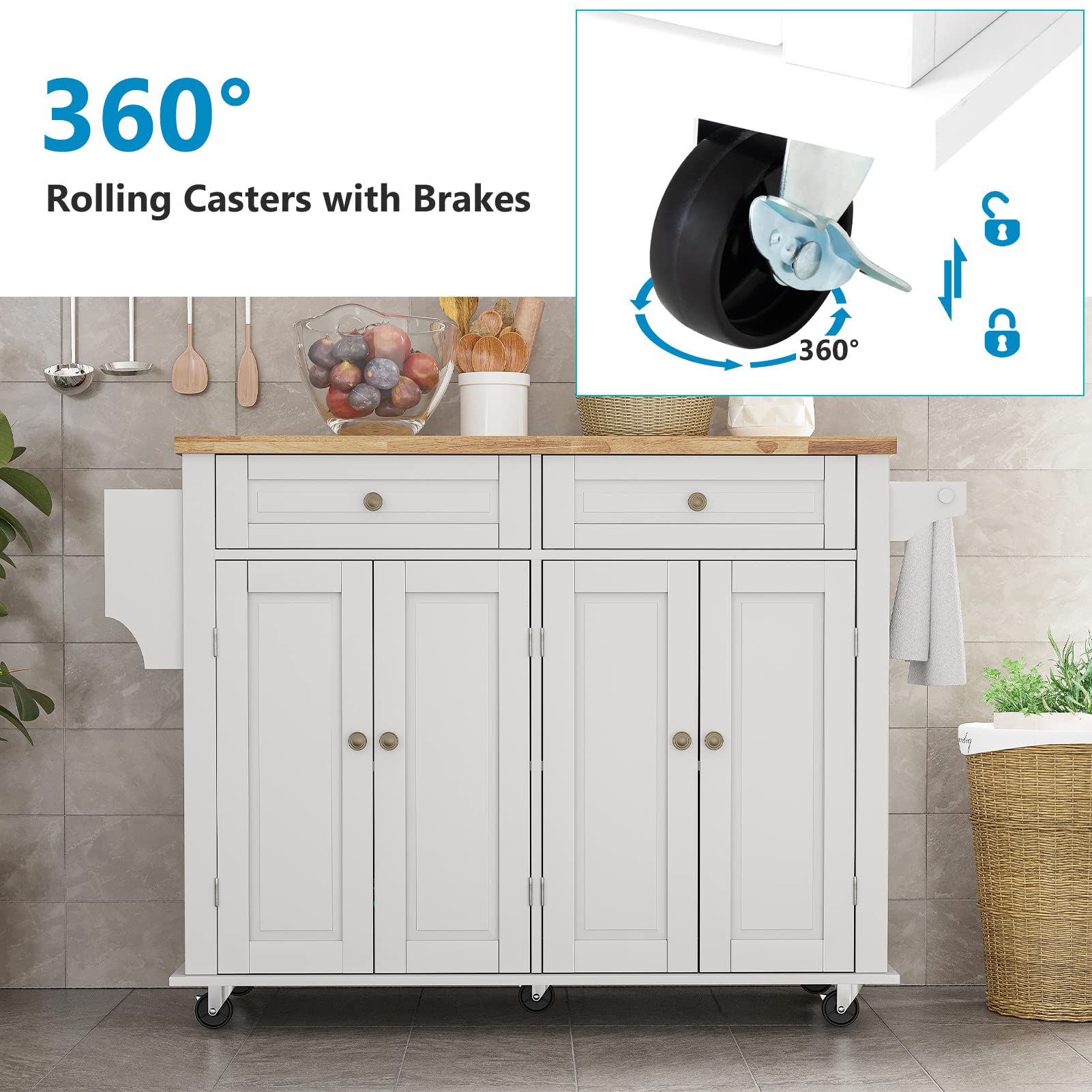Rolling Kitchen Island with Drop Leaf – White Matte Movable Kitchen Cart on Wheels with Storage Cabinet, Rubber Wood Top, Rack, and Drawers – Perfect for Small Kitchens, Dining, and Entertaining
