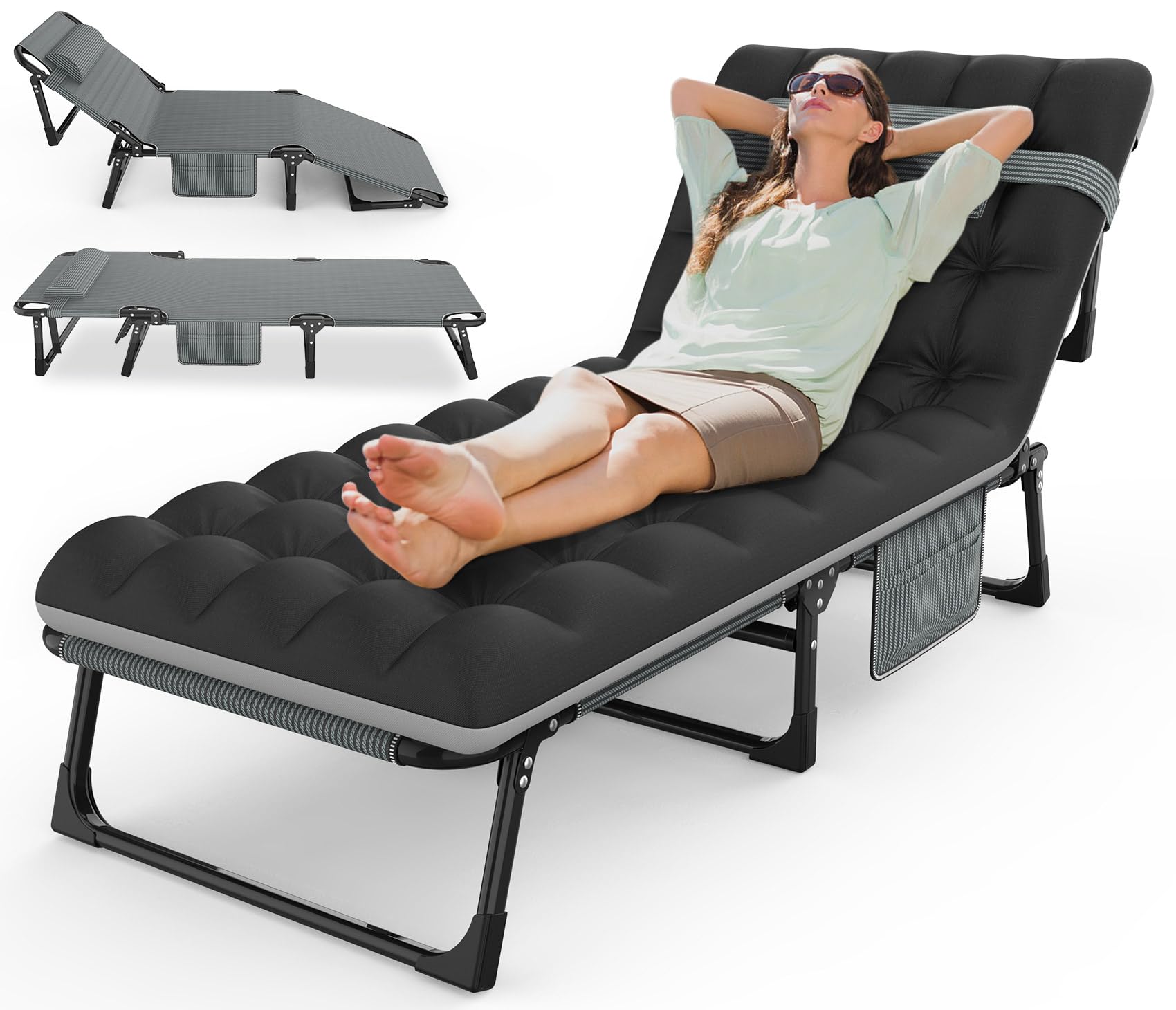Suteck Heavy Duty Folding Camping Cot - Adjustable 5+2 Position Recliner, Portable Outdoor Sleeping Bed with Pillow & Carry Bag - Perfect for Camping, Beach, Poolside, Patio, Travel, Home Office Naps & Chaise Lounge Relaxation