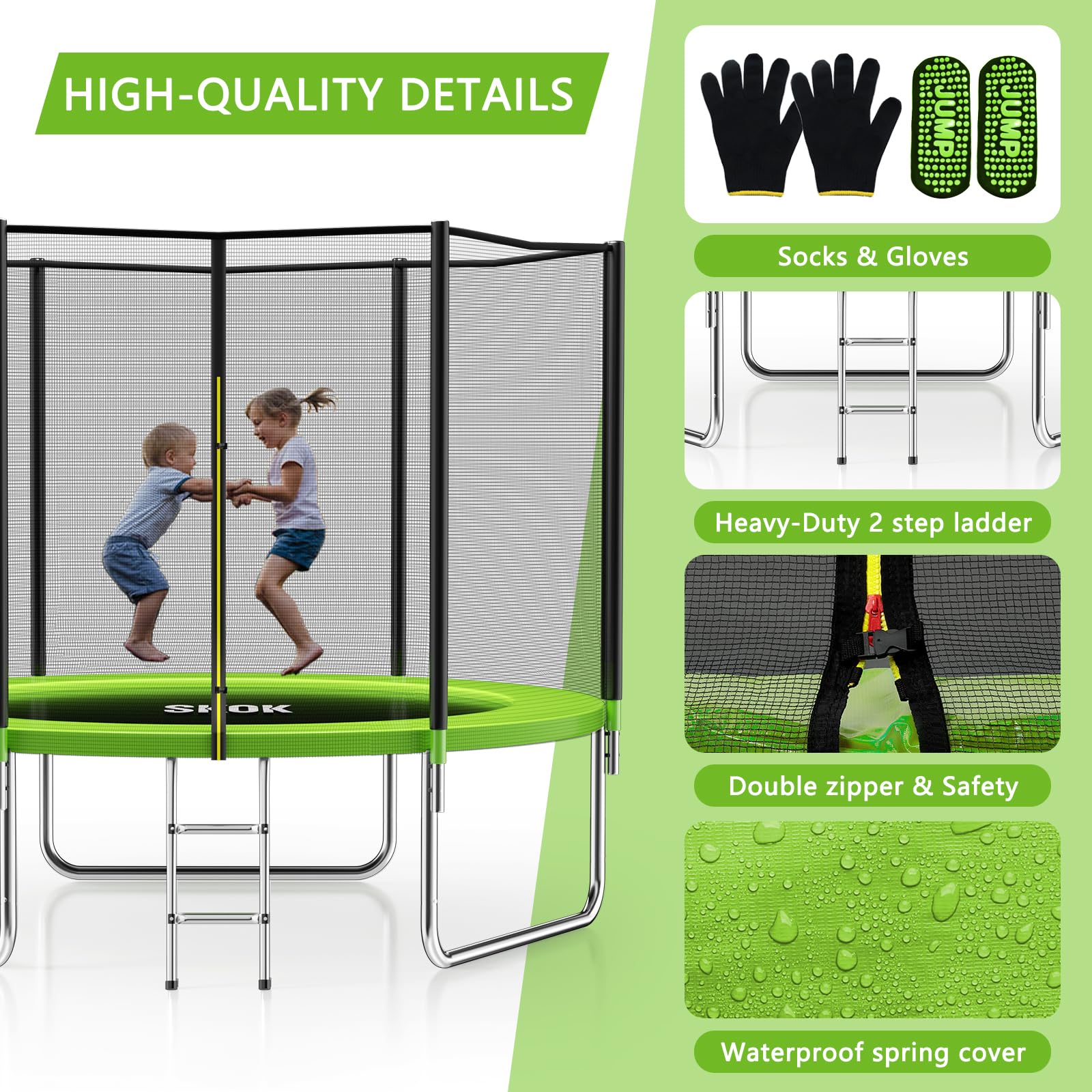SKOK 8FT 10FT 12FT 14FT 15FT Outdoor Trampoline with Safety Enclosure Net - 400LBS Weight Capacity, ASTM Approved for Kids & Adults - Includes Basketball Hoop & Ladder - Perfect for Backyard Fun, Exercise & Family Bonding