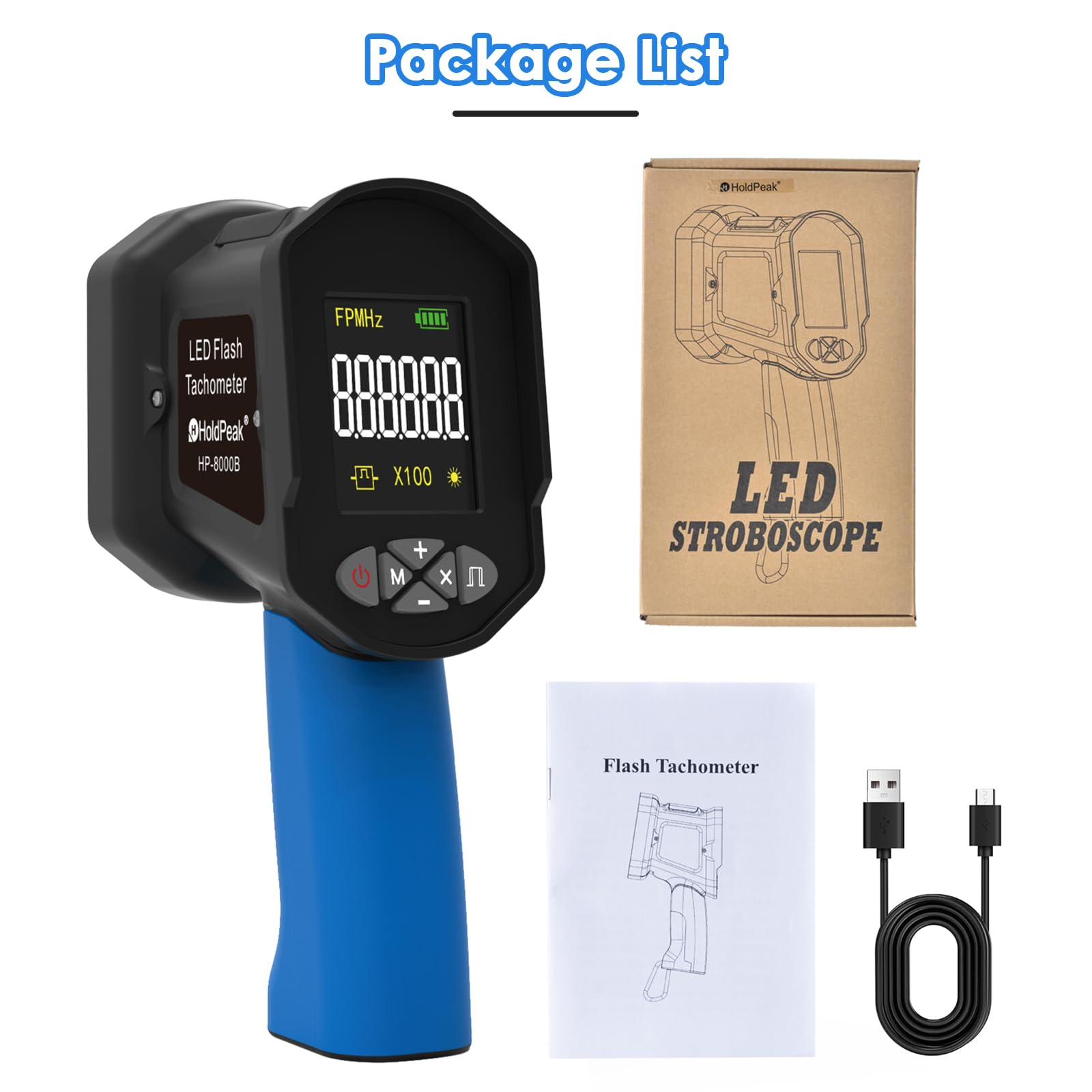 60-100000RPM Digital LED Stroboscope Tachometer - Non-Contact Handheld Strobe Light with 16 Adjustable LED Beads, LCD Display & USB Charging | Perfect for Fan Speed Testing, HVAC Motor Diagnostics, Tire Rotation Analysis & Engine RPM Measurement