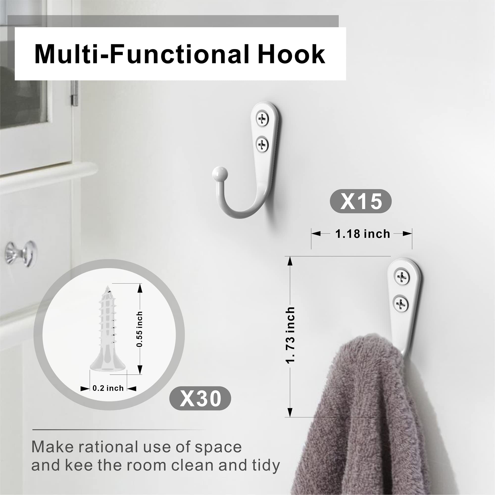15PCS White Wall Hooks for Towels, Robes & Coats - Heavy Duty Coat Hooks with 30 Screws - Perfect for Bathroom, Bedroom, Kitchen & Entryway Organization