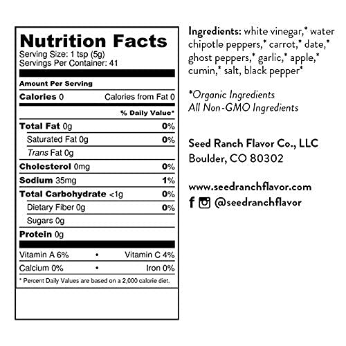 Seed Ranch Smoky Ghost Hot Sauce, 5 Oz - Organic Gourmet Hot Sauce with Ghost Pepper, Chipotle & Sweet Spicy Dates - Vegan, Non-GMO, Gluten-Free - Perfect for Tacos, Wings, Rice Bowls & Veggie Dishes